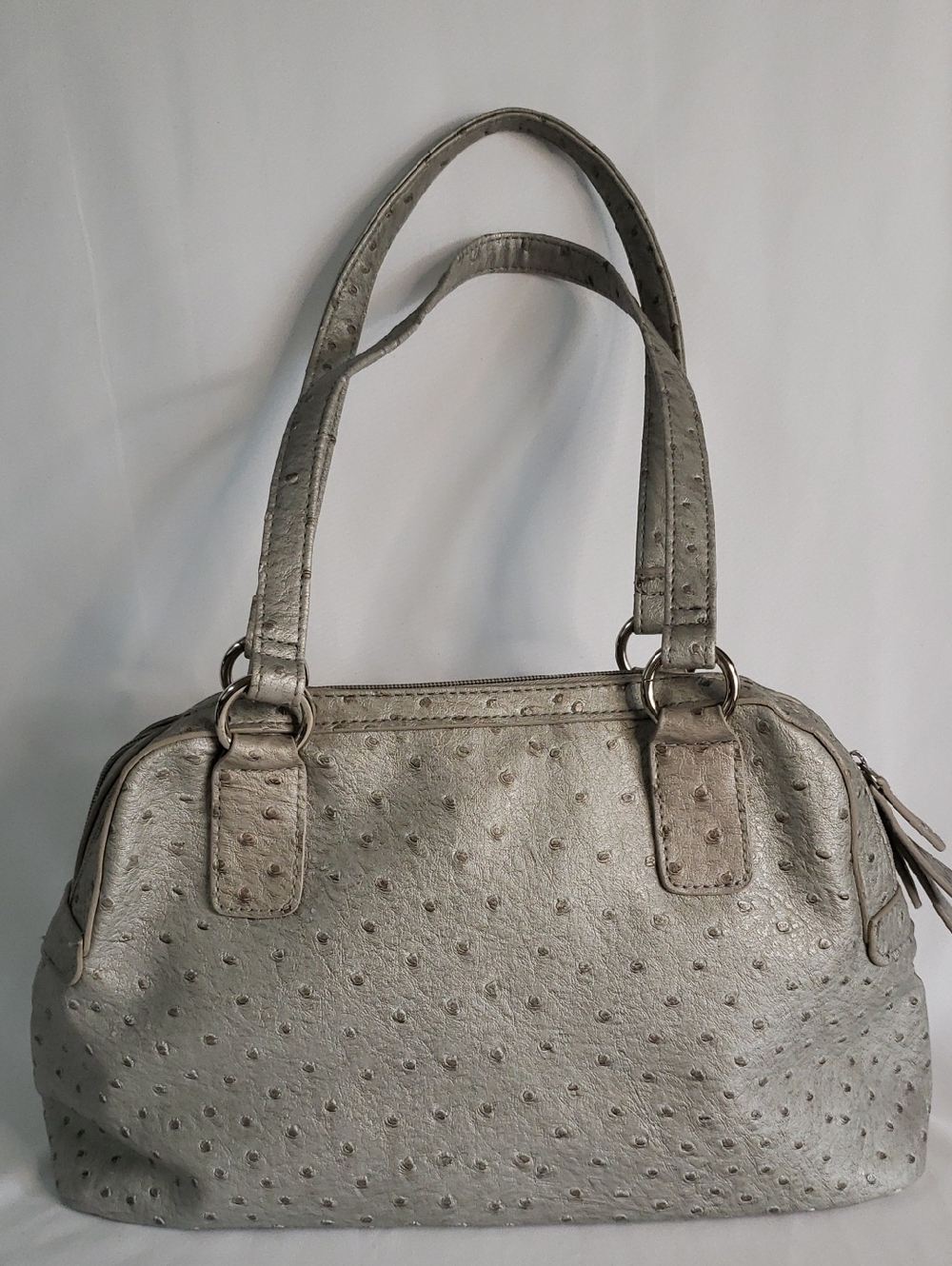 Rosetti Metallic Silver/Pale Gray Ostrich Embossed Handbag with Buckle Accent - Picture 2 of 6